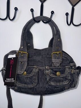 NWT NOBO Black Denim Double-Handle Satchel with Brass Hardware